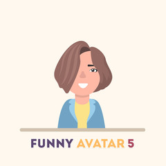 Asian attractive girl in blue jacket, smiling. Vector icons of a flat style.