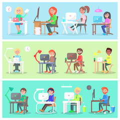 Employees in Office at Computer Illustrations Set