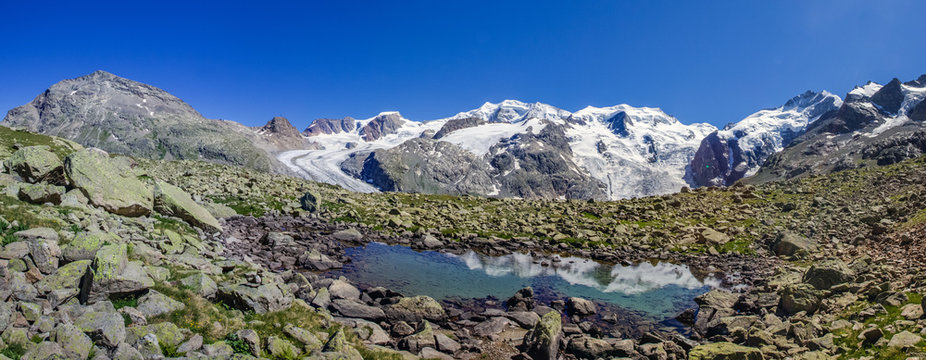 The peaks Palu and Belleviste in the Bernina group. Engadine, Switzerland Europe