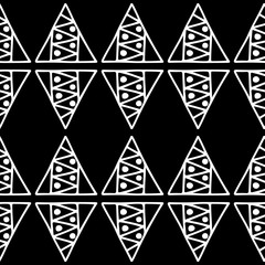 Fototapeta premium Seamless vector pattern. Black and white geometrical background with hand drawn decorative tribal elements. Print with ethnic, folk, traditional motifs. Graphic vector illustration.