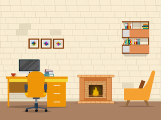Fireplace with computer, coffeewith sofa with display with other things. illustration flat
