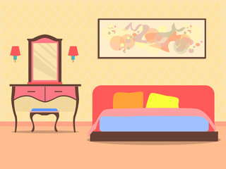 Girl room with mirror with display with other things. illustration flat