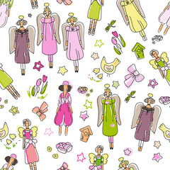 Dolls and angels, flowers and bows. Seamless vector pattern. Children's theme. Limited color palette. Ornament for printing fabrics, textiles, wrapping paper. Drawing.