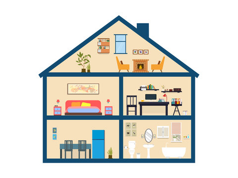House inside fireplace, bedroom, workplace, eat room, bathroom. illustration flat