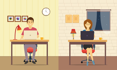 Workplace with woman, man with computer, lamp, coffee. illustration flat