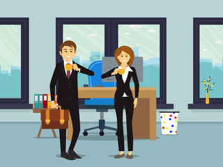 Workplace with man, woman with big window with coffee. illustration flat