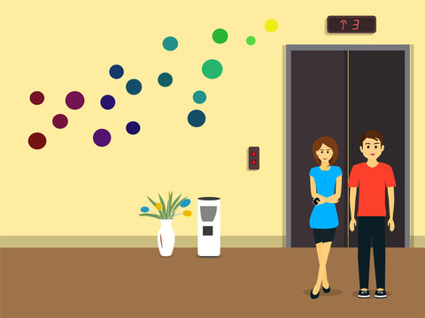 Woman with Man with lift with decorative wall. illustration flat