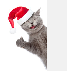 Fototapeta premium Happy cat in red christmas hat peeking from behind empty board and showing thumbs up. isolated on white background