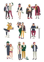 Drunk people in various situation. Flat characters set. woman and man, girl and boy on white background.