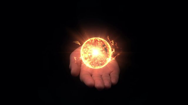 Female Palm Up Hand with Glowing Sun Star. 4K