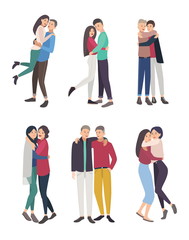 Fototapeta premium happy friends hug set. guys and girls cuddling, colorful flat illustration.