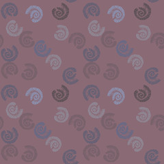 Abstract pattern of snail shells, river pearls mussels, mollusks on brown background