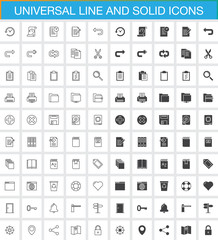 Universal line and solid icons set, outline and filled  vector symbol collection, linear and full pictogram pack. Signs, logo illustration. Set includes icons as history, search, save, cut, form, book