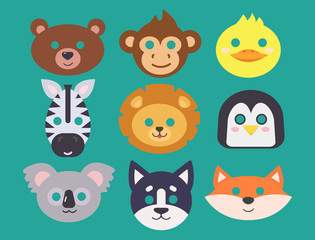 Animals carnival mask vector set festival decoration masquerade and party costume cute cartoon head decor isolated celebration vector illustration.
