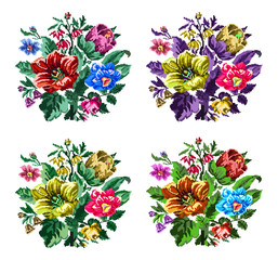 Set. Color bouquet of wildflowers (lilia, bellflower, barberry flower and cornflowers)  using traditional Ukrainian embroidery elements. Can be used as pixel-art.