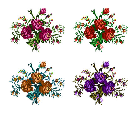 Set. Color bouquet of flowers (roses and cornflowers)  using traditional Ukrainian embroidery elements.  Can be used as pixel-art, card, emblem, icon.