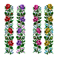 Set. Color  bouquet of flowers  (roses and cornflowers) using traditional Ukrainian embroidery elements. Border pattern. Can be used as pixel-art.