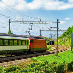Fototapeta na wymiar Train on railroad Lavaux Vineyard Terraces