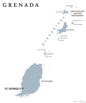 Grenada political map with capital St George's. Caribbean islands country and part of the Lesser Antilles and Windward Islands. Gray illustration isolated on white background. English labeling. Vector