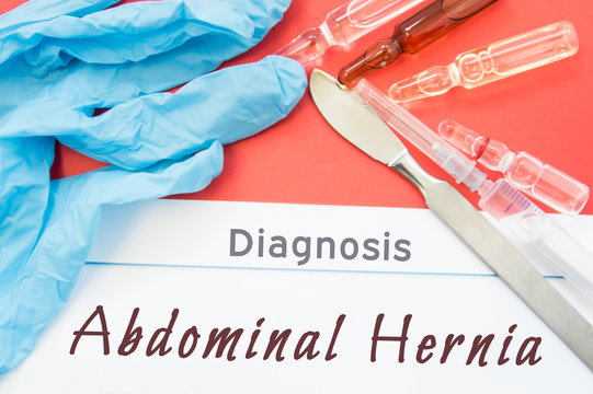 Surgical diagnosis of Abdominal Hernia. Surgical medical instrument scalpel, latex gloves, blood test analysis lie close beside text inscription diagnosis of Abdominal Hernia