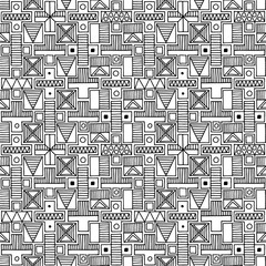 Seamless vector pattern. Black and white geometrical background with hand drawn decorative tribal elements. Print with ethnic, folk, traditional motifs. Graphic vector illustration.