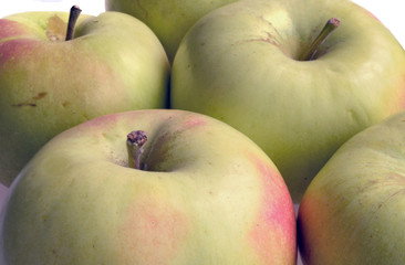 Green apples with pink cask, macro