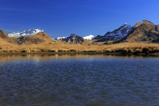 Small lake above lake Ritom, with Adula / Rheinwaldhorn glacier in the background, Val Leventina, Ticino, Switzerland