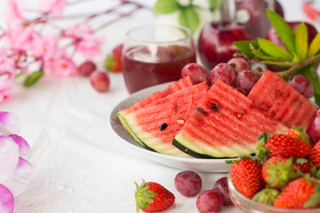 Fresh red fruit mix and juice for healthy