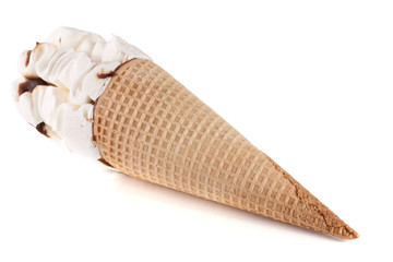 Ice cream cone with caramel isolated on white background