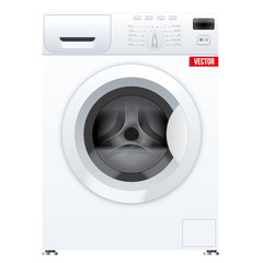 Classic White Washing machine with closed door. Household appliances. Vector Illustration isolated on background.