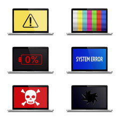 Error signs on laptop screens isolated on white background. Laptop vector icons.