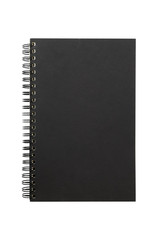 Black cover of notebook isolated on white background. Clipping paths included.