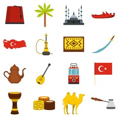 Turkey travel icons set in flat style