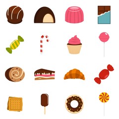 Sweets and candies icons set in flat style