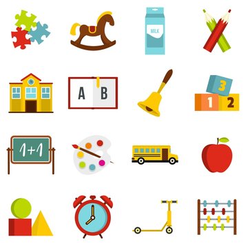 Kindergarten symbol icons set in flat style