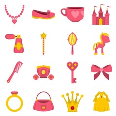 Doll princess items icons set in flat style © ylivdesign