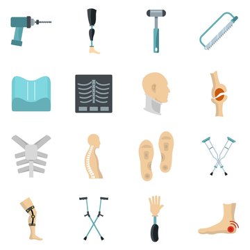 Orthopedics prosthetics icons set in flat style