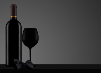 black wine bottle with glass and bow tie