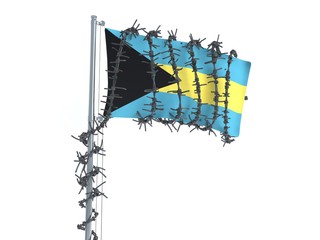 3D illustration of flag from The Bahamas wrapped with a barbed wire