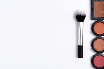 Makeup cosmetics tools and essentials frame background, copy space