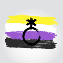 Non-binary pride flag in a form of brush stroke with nonbinary symbol