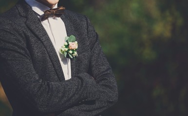 Wedding suit, groom in outfit, close-up