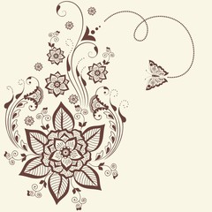 Vector illustration of mehndi ornament. Traditional indian style, ornamental floral elements for henna tattoo, stickers, mehndi and yoga design, cards and prints. Abstract floral vector illustration.