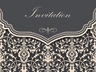 Wedding invitation and announcement card with vintage background artwork. Elegant ornate damask background. Elegant floral abstract ornament. Design template.