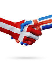 Flags Denmark, Iceland countries, partnership friendship handshake concept.