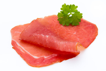 Pork ham slices isolated on white background.