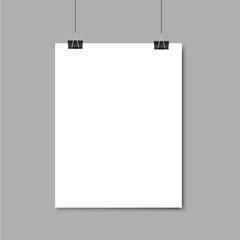 Empty paper frame mockup hanging with paper clip on grey background. Raster copy of vector file.