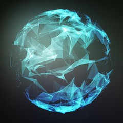 Abstract vector polygonal cyber sphere. Triangle spherical mesh background. Futuristic 3D illuminated distorted sphere of glowing particles and polygons. Digital splash. UI or HUD element.