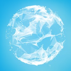 Abstract vector polygonal cyber sphere. Triangle spherical mesh background. Futuristic 3D illuminated distorted sphere of glowing particles and polygons. Digital splash. UI or HUD element.