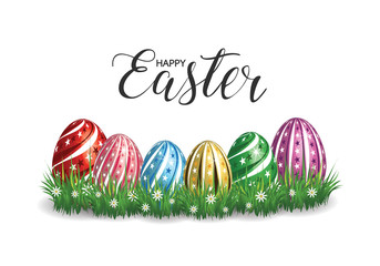 Happy Easter Greeting Card with Cartoon Rabbit And Eggs vector illustration